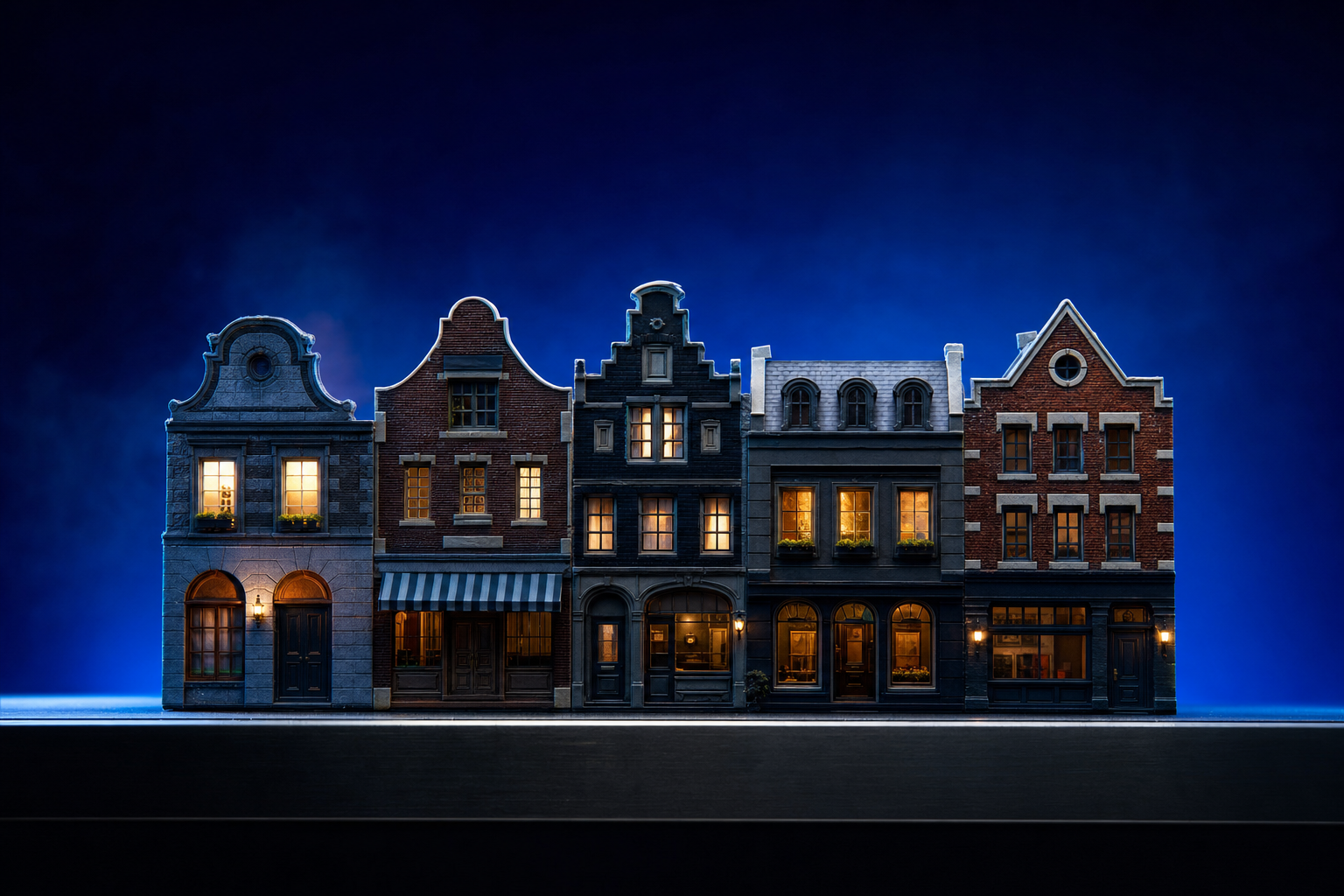 Five interconnected model buildings representing Fred Moll's serial founder playbook.