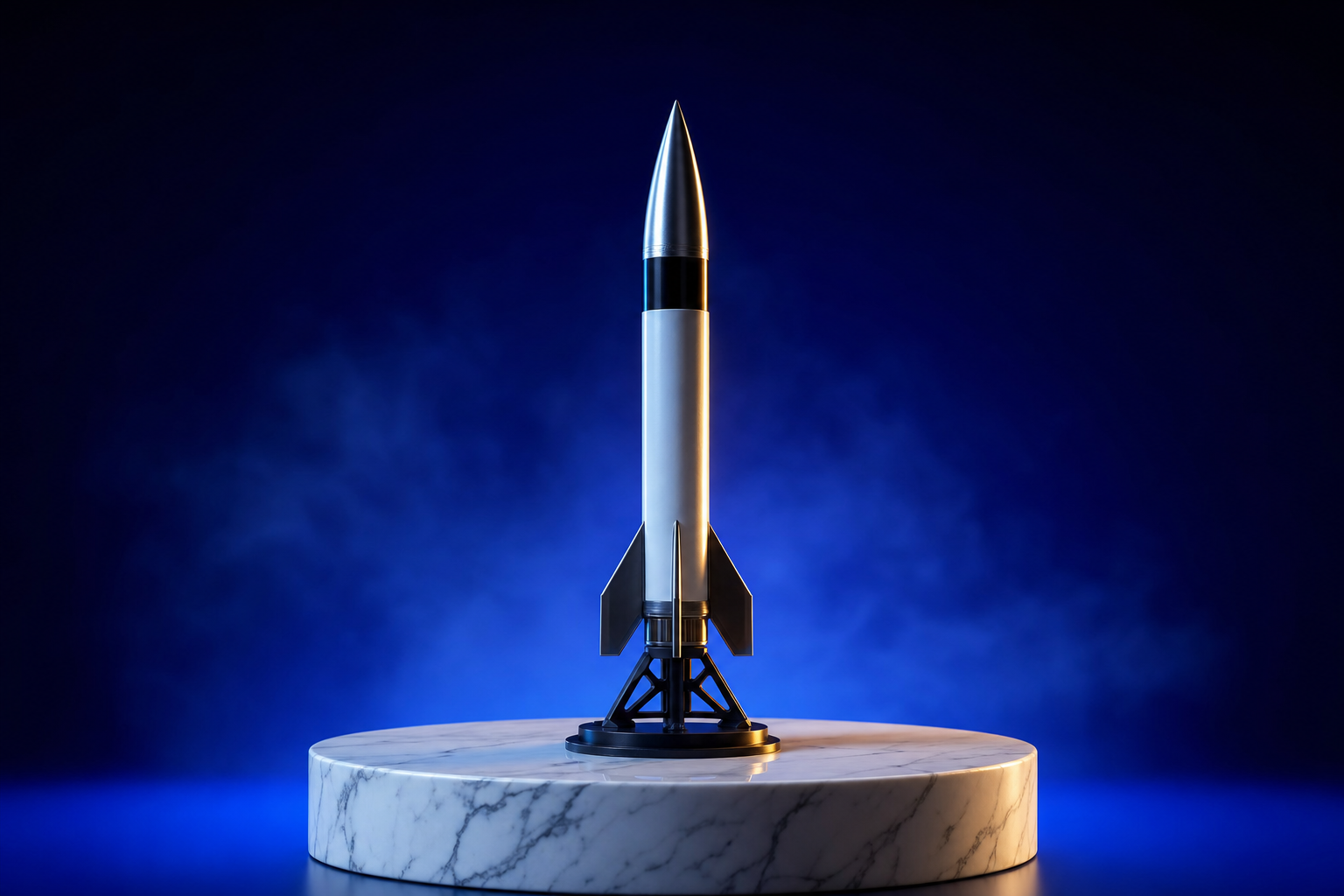 A model rocket on launchpad representing markets that form before launch.