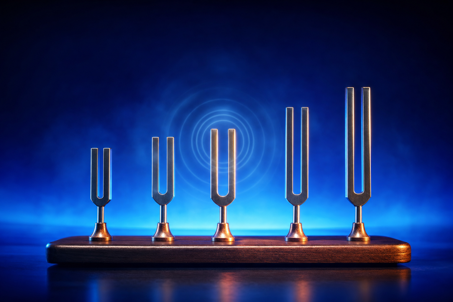 A single set of five graduated tuning forks arranged in ascending order on a wooden base with the central fork emitting subtle vibration ripples against a dark navy-to-blue gradient