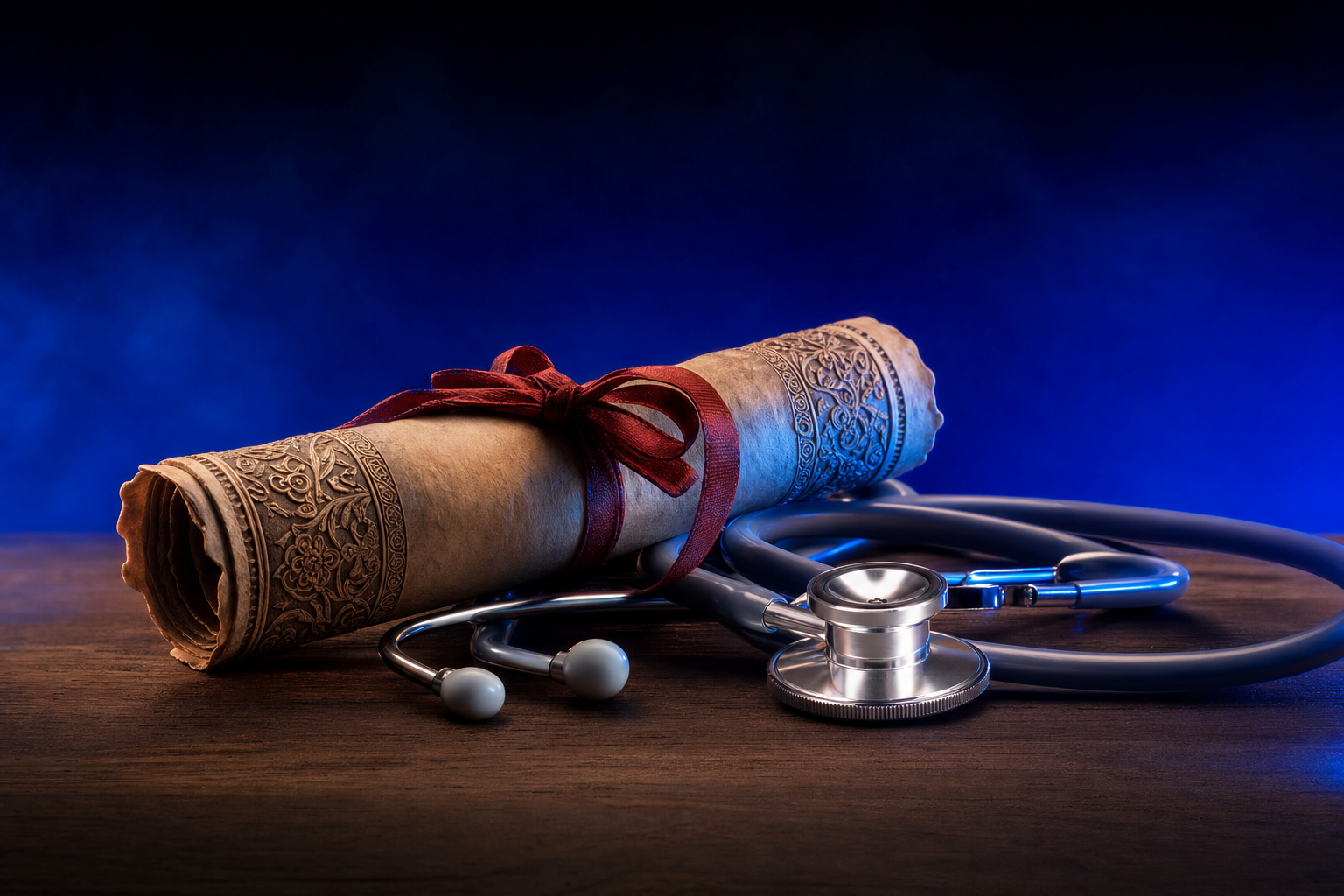 A single ornate rolled parchment scroll tied with a red ribbon resting alongside a modern silver stethoscope against a dark navy-to-blue gradient