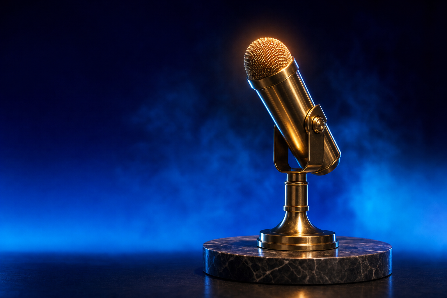 A single polished brass podium microphone on a small marble platform with warm amber light glinting off the top mesh against a dark navy-to-blue gradient