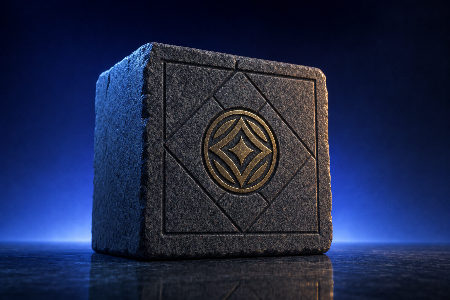 A single carved granite cornerstone with subtle etched geometric patterns and one central inlaid brass emblem against a dark navy-to-blue gradient