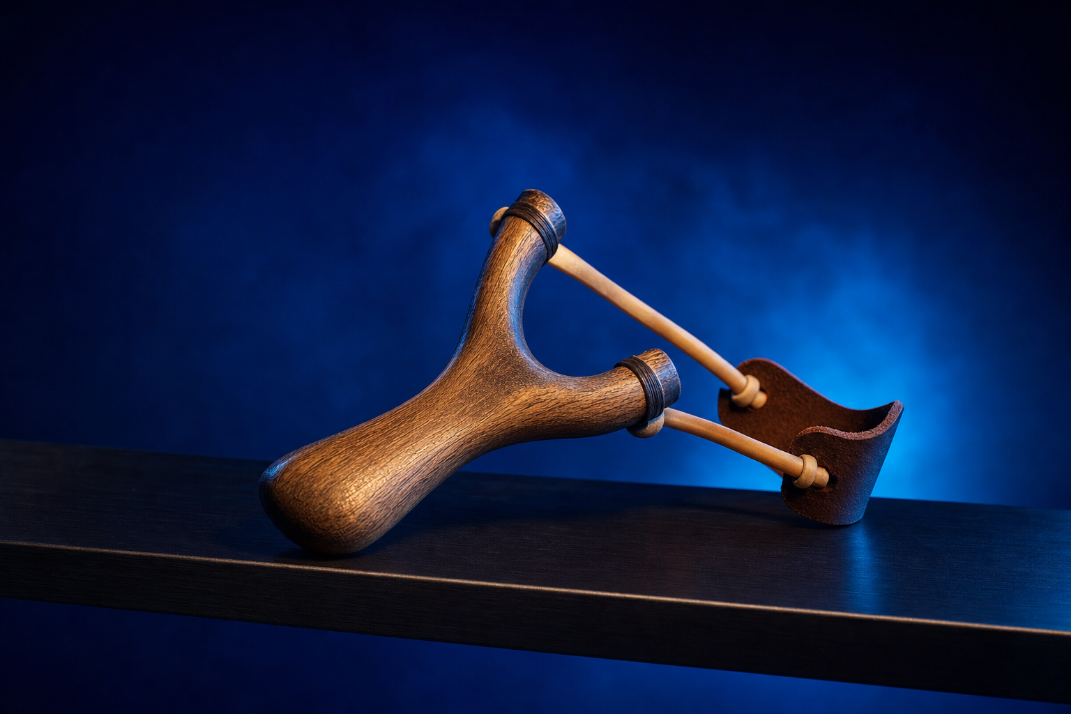 A wooden slingshot representing the challenger pharma brand taking on the leader.