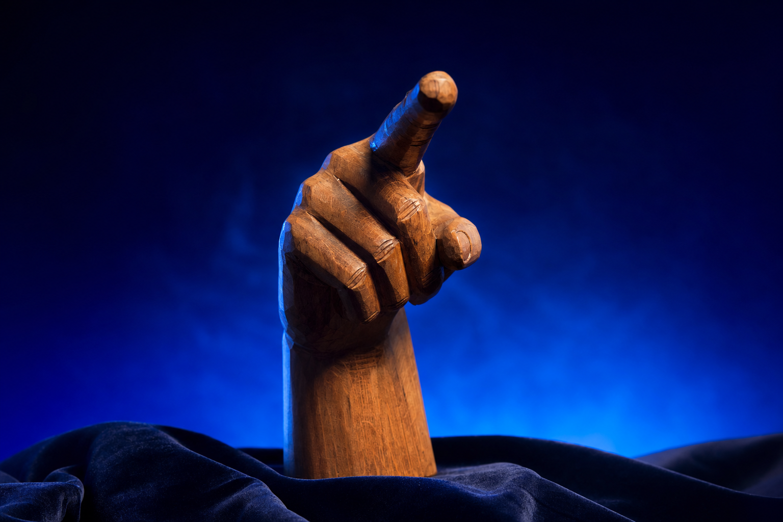 A carved pointing hand representing directing attention as the marketer's job.