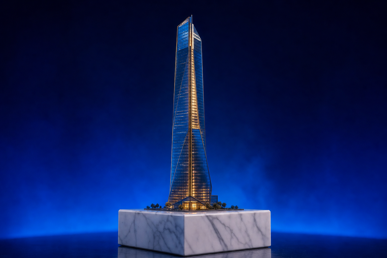 A tall skyscraper model representing vertical specialist agencies beating generalists.