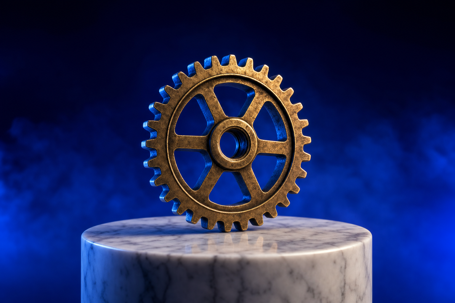 A brass gear representing the market engineering agency from attention to adoption.