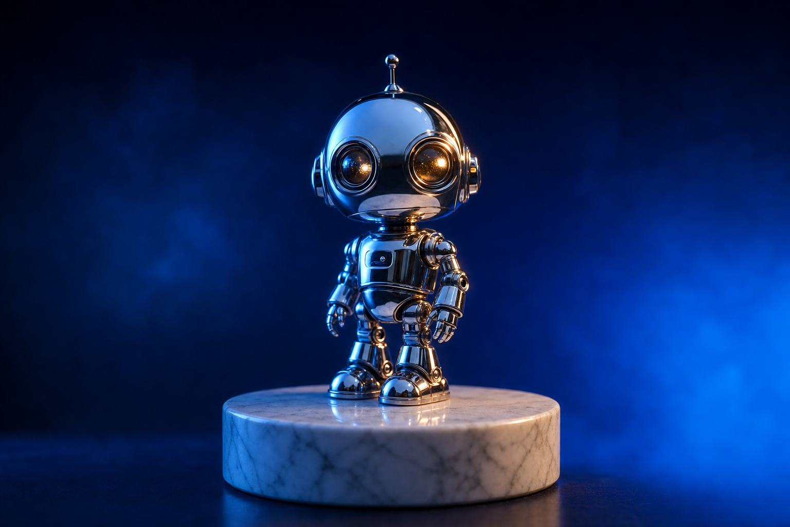 A chrome robot model representing the miniature robot category T-Mini created through PR.