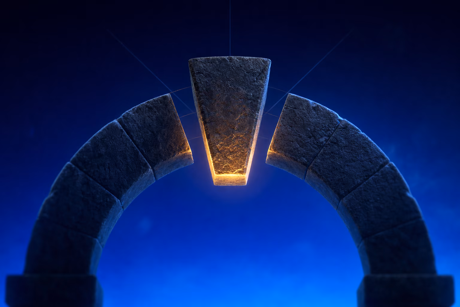 Floating stone keystone anchoring an arch, symbolizing medtech sales strategy for a founder's first hire