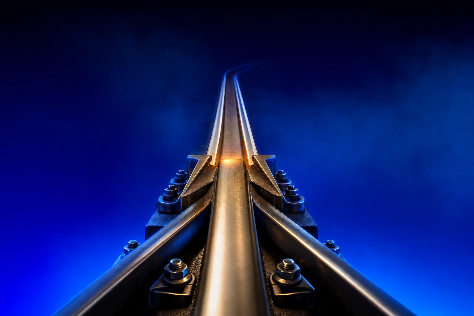 Brass rail reaching a junction and continuing onward, representing a first sales rep role built with a path forward