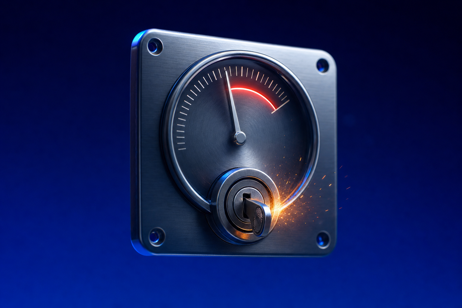 Mechanical ignition dial sparking near a red threshold, evoking premature launch risk