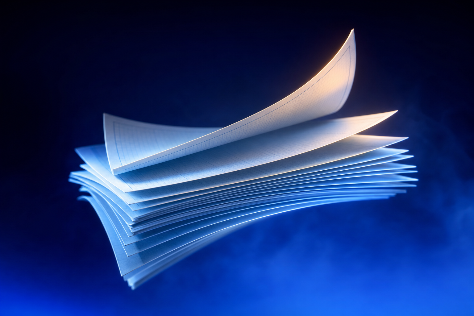 Stack of glowing architectural blueprint papers unfurling in atmospheric blue haze