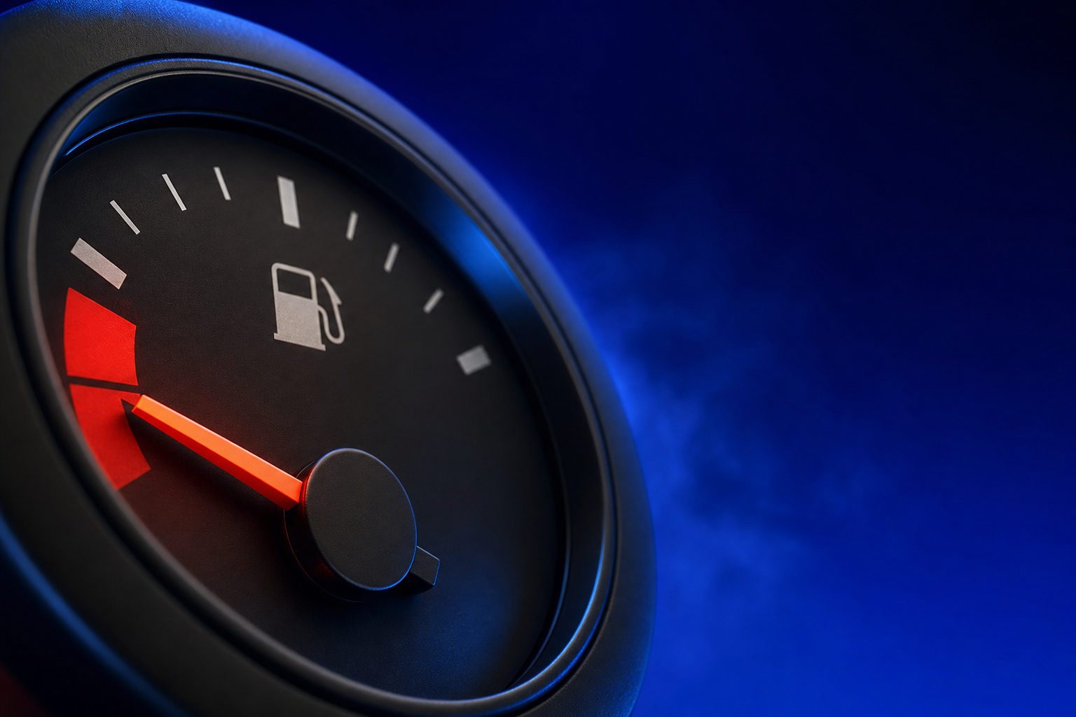 Fuel gauge needle resting in the red empty zone, symbolizing a medtech IPO that ran out of runway
