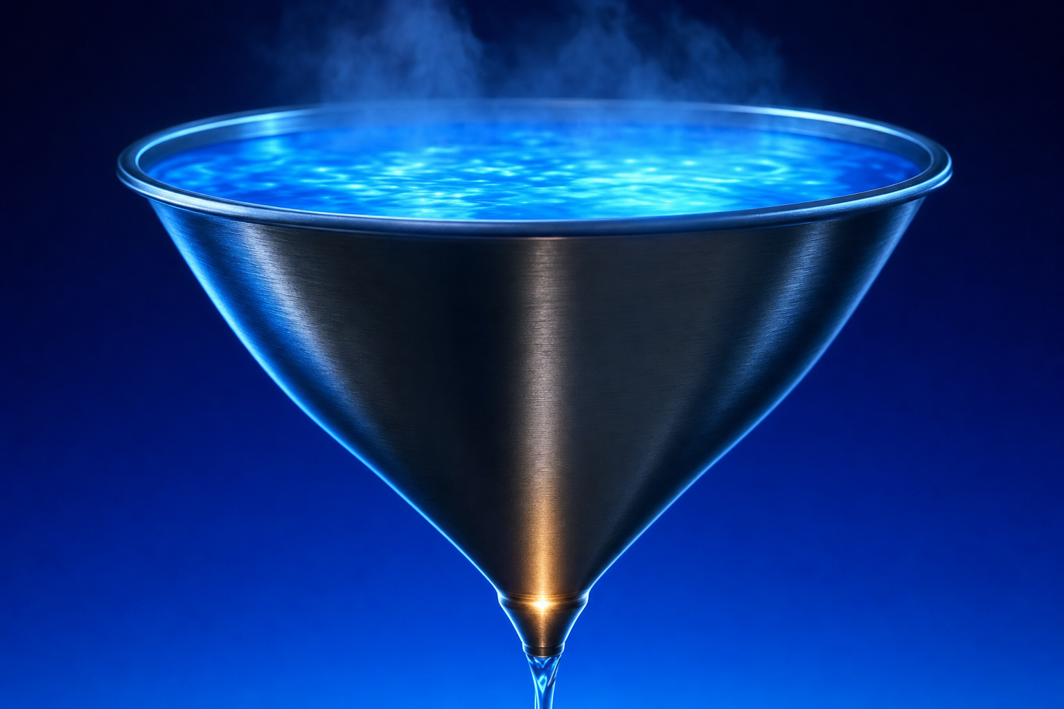 Steel funnel with abundant liquid choked to a narrow trickle at its neck, symbolizing capacity limits.