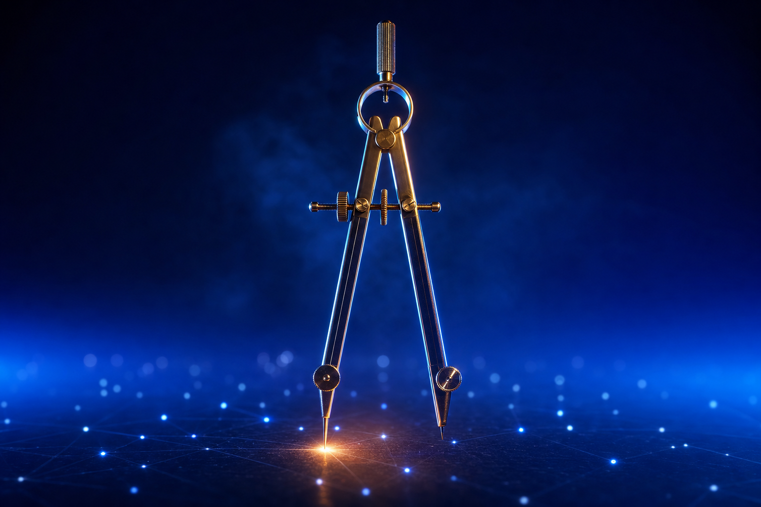 Drafting compass planted precisely on one glowing point among scattered dim points, choosing the right target.