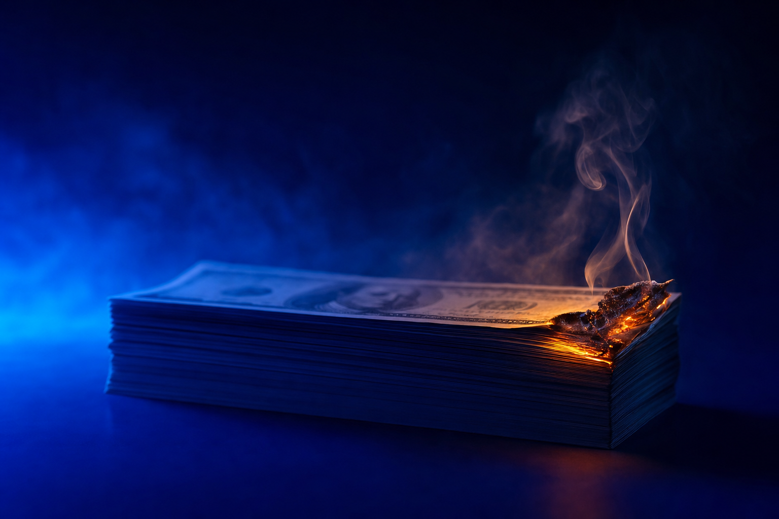 Neat currency stack with one corner smoldering, illustrating subsidy burning away as efficiency must hold.