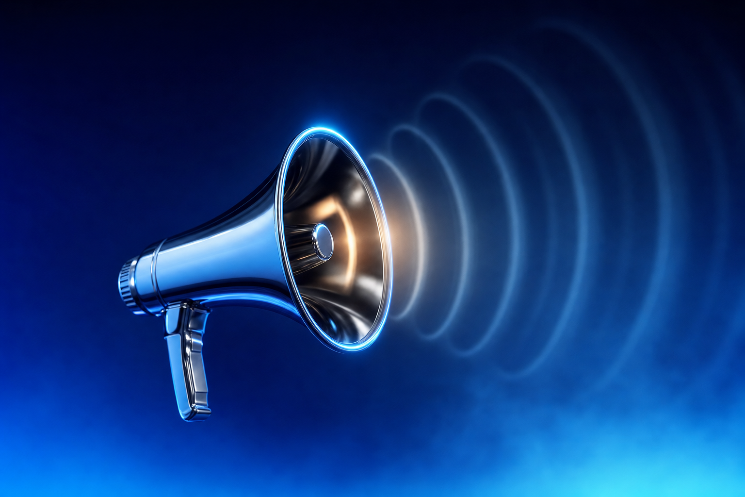 Chrome megaphone broadcasting sound waves into empty haze with nothing to receive the signal