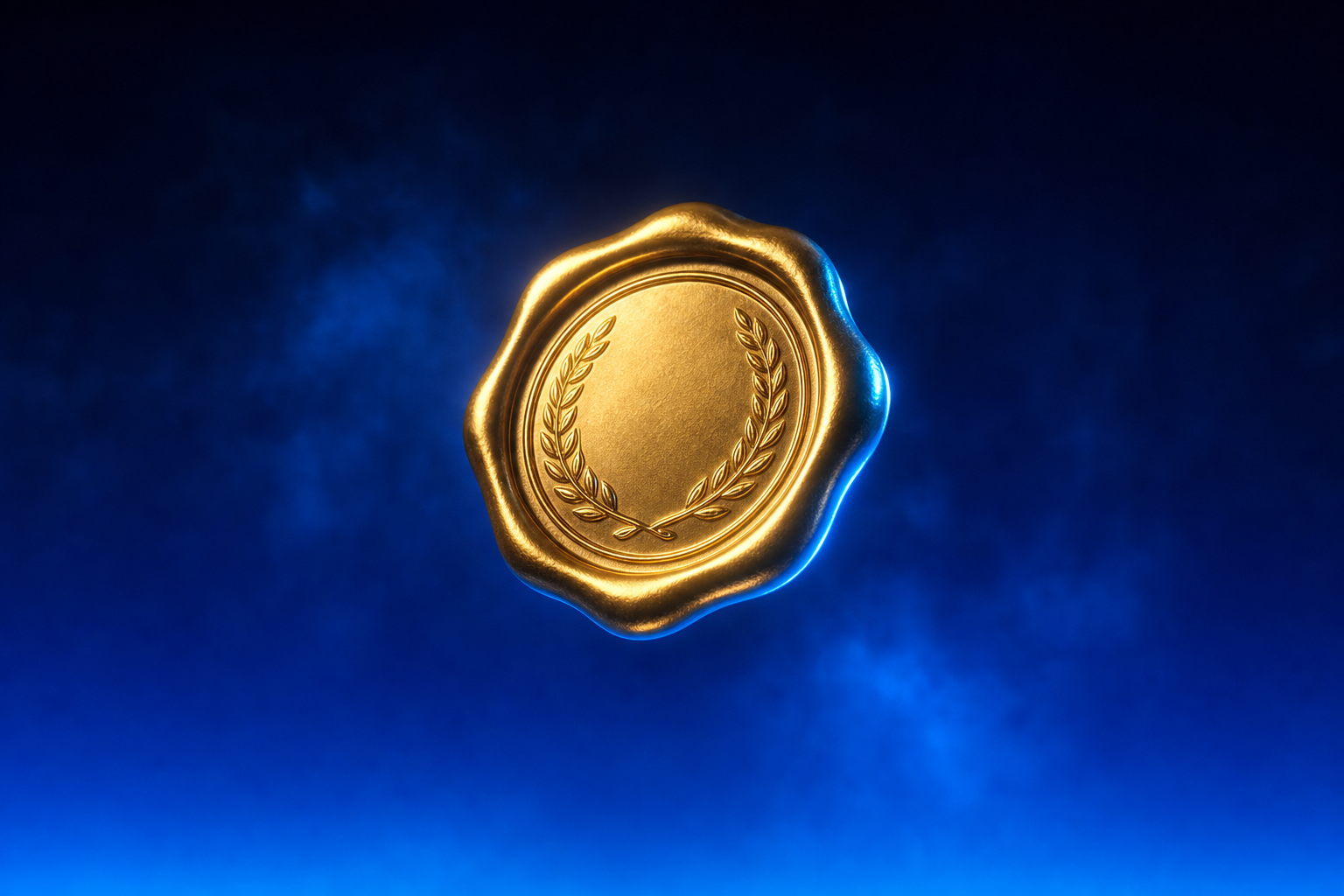 Gold medallion seal of approval floating alone, disconnected from any pipeline or funnel