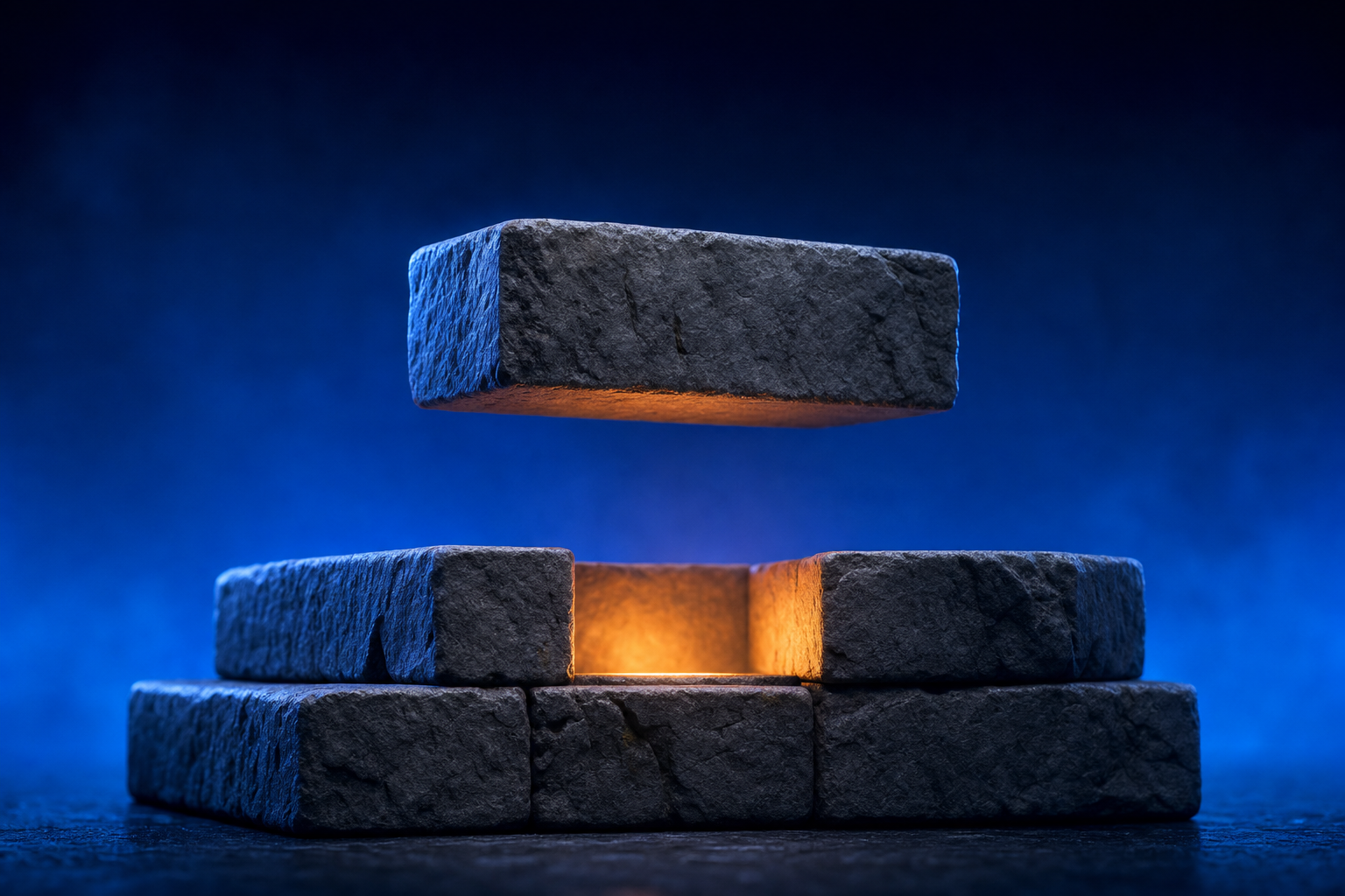 Stone foundation blocks stacking in sequence, one suspended above an incomplete base structure