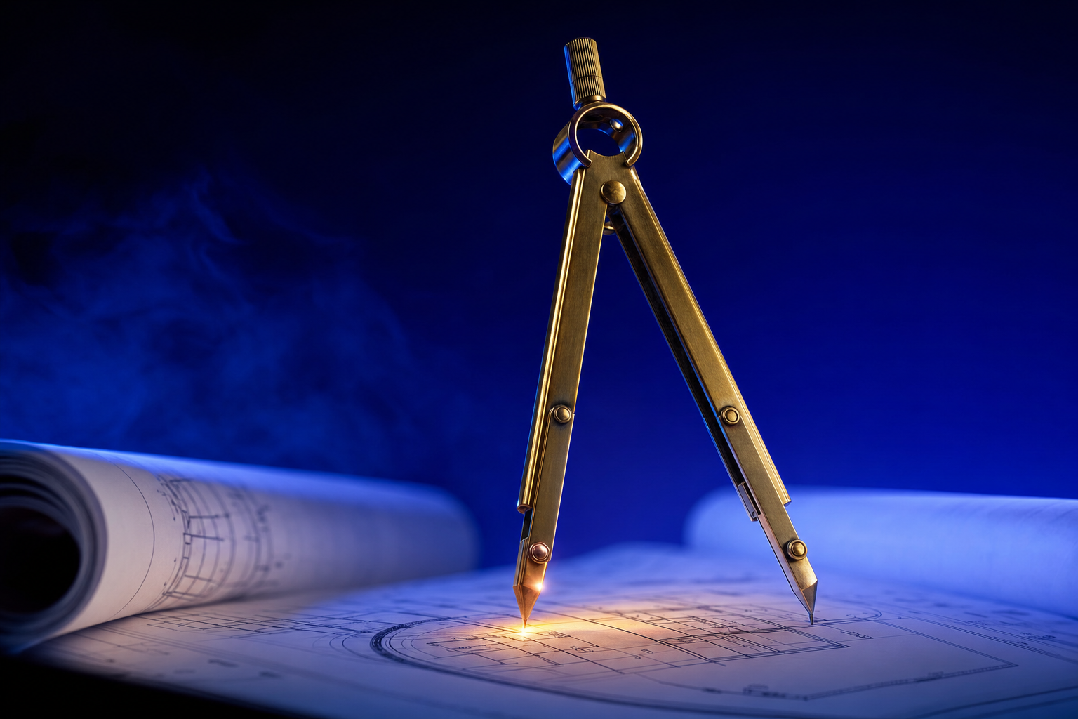 Brass drafting compass measuring a blueprint, symbolizing engineered precision in medical device sales