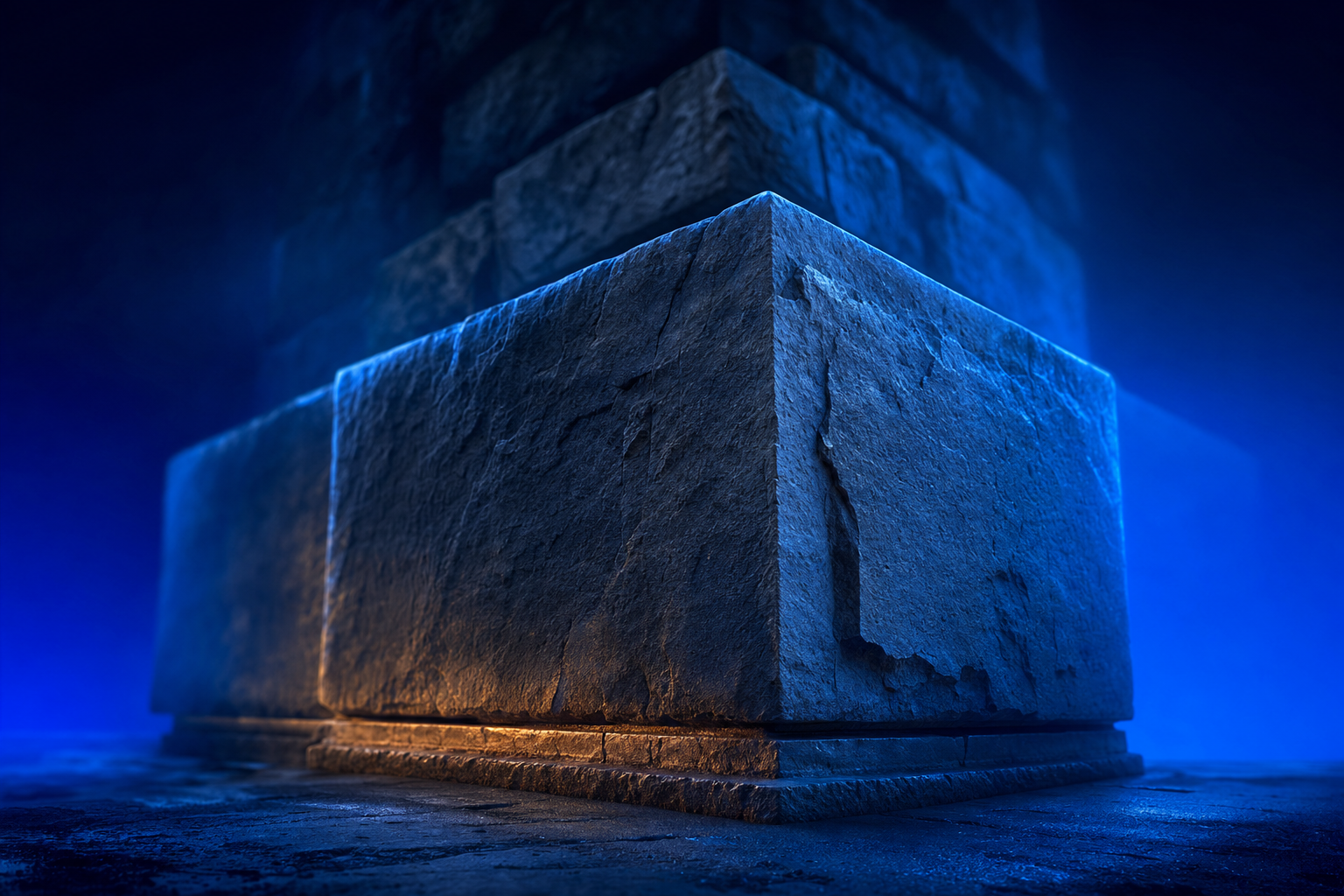 Weathered stone cornerstone anchoring newer blocks stacked above it in soft haze