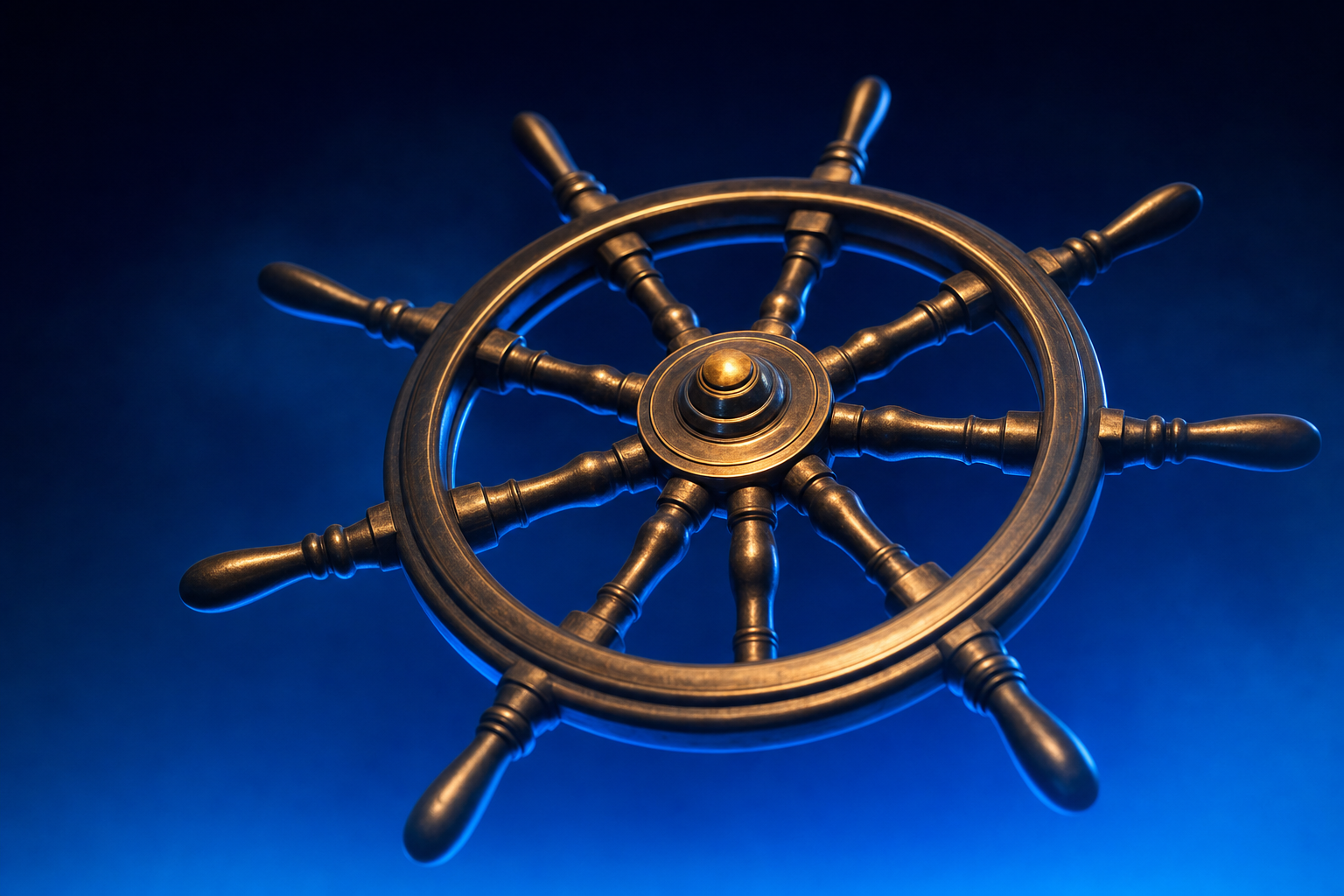 Ornate brass ship's wheel steering alone through haze, representing sales culture driving company direction