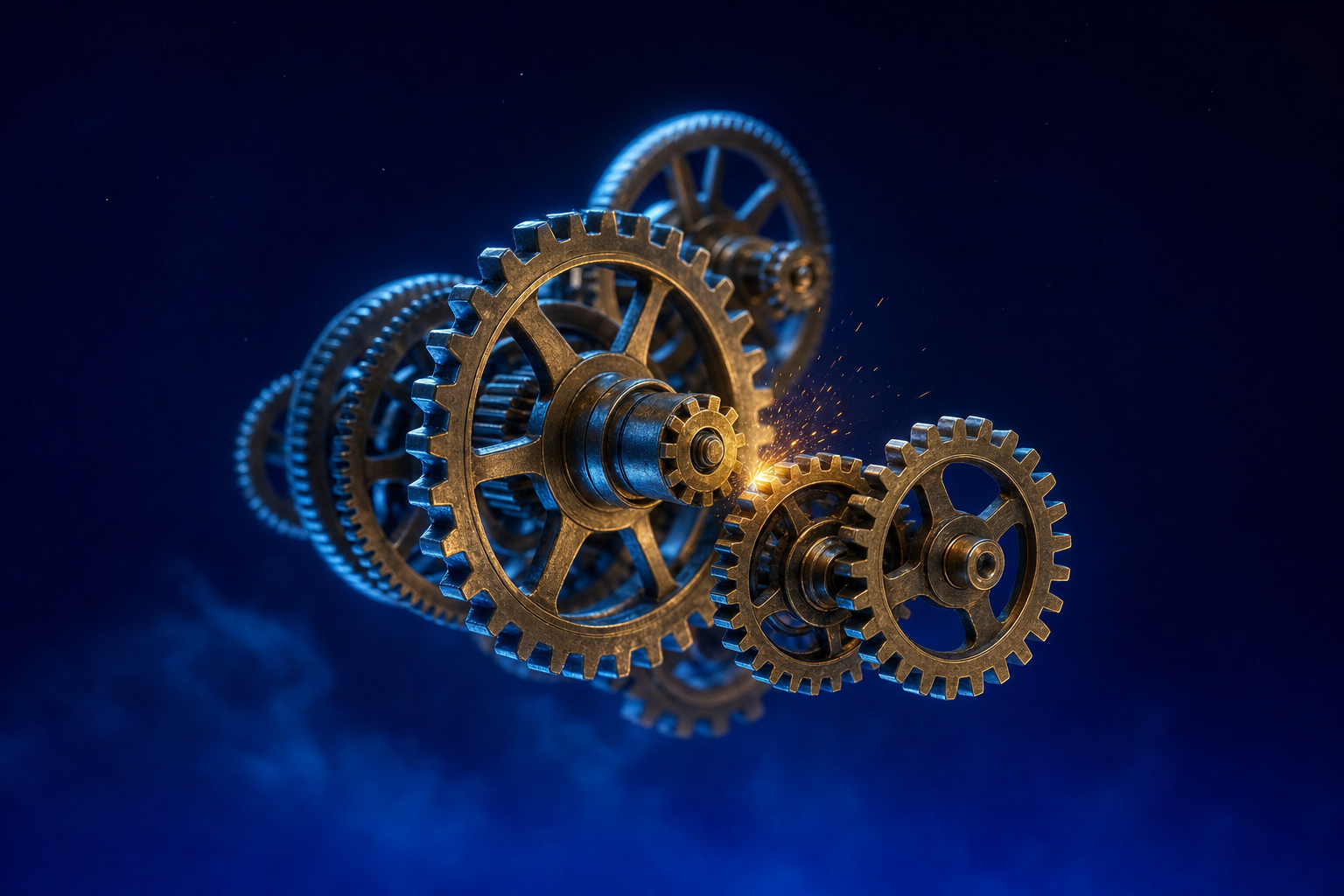 Interlocking brass gears mid-shift, one gear realigning as the mechanism reconfigures