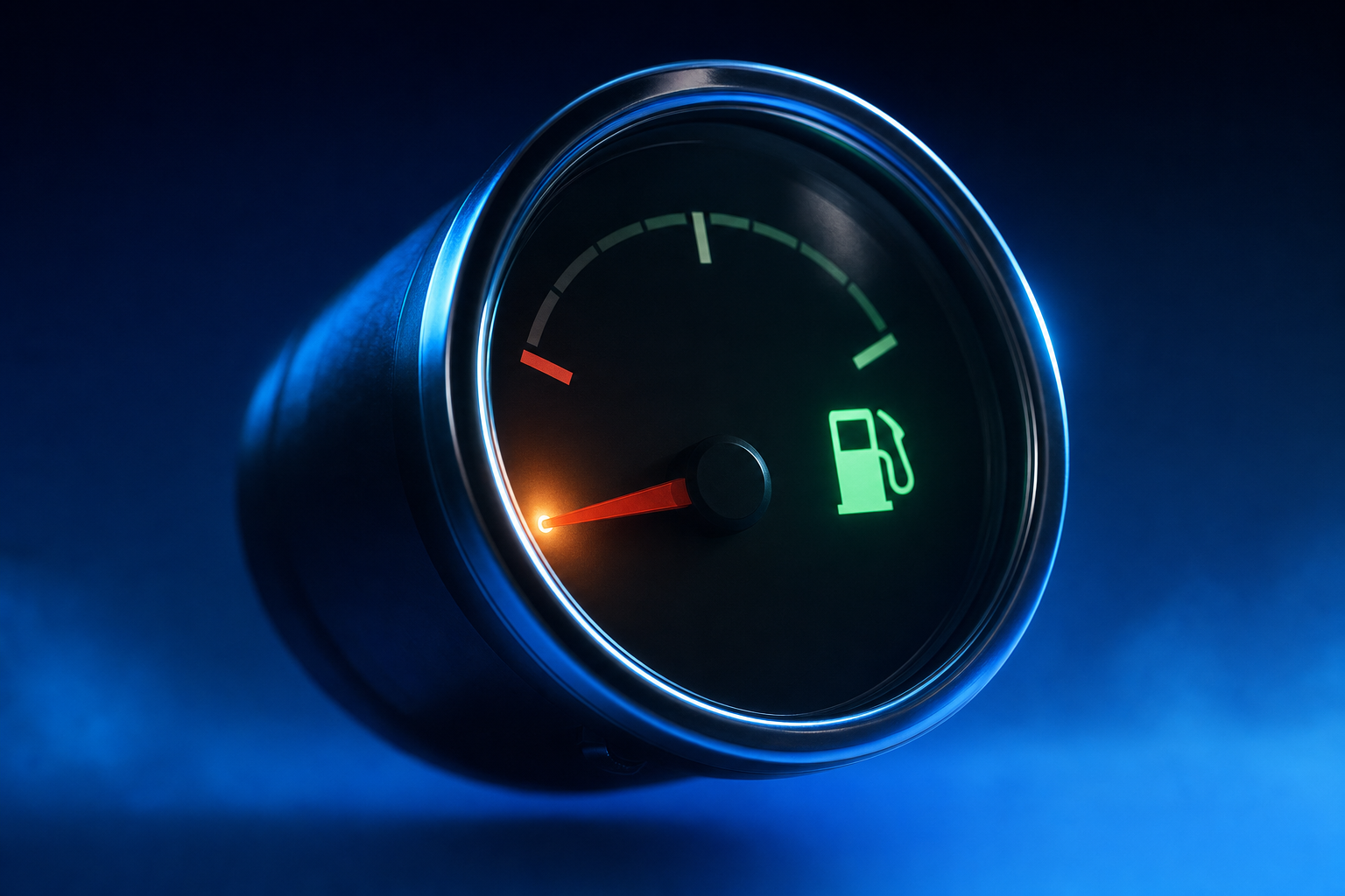 Analog fuel gauge needle stuck at empty despite a full tank, symbolizing a stalled market