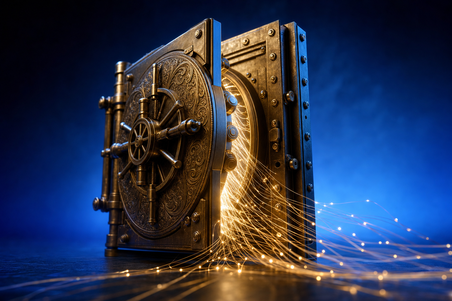 Brass vault door opening to release glowing threads, representing medical device companies M&A diligence.