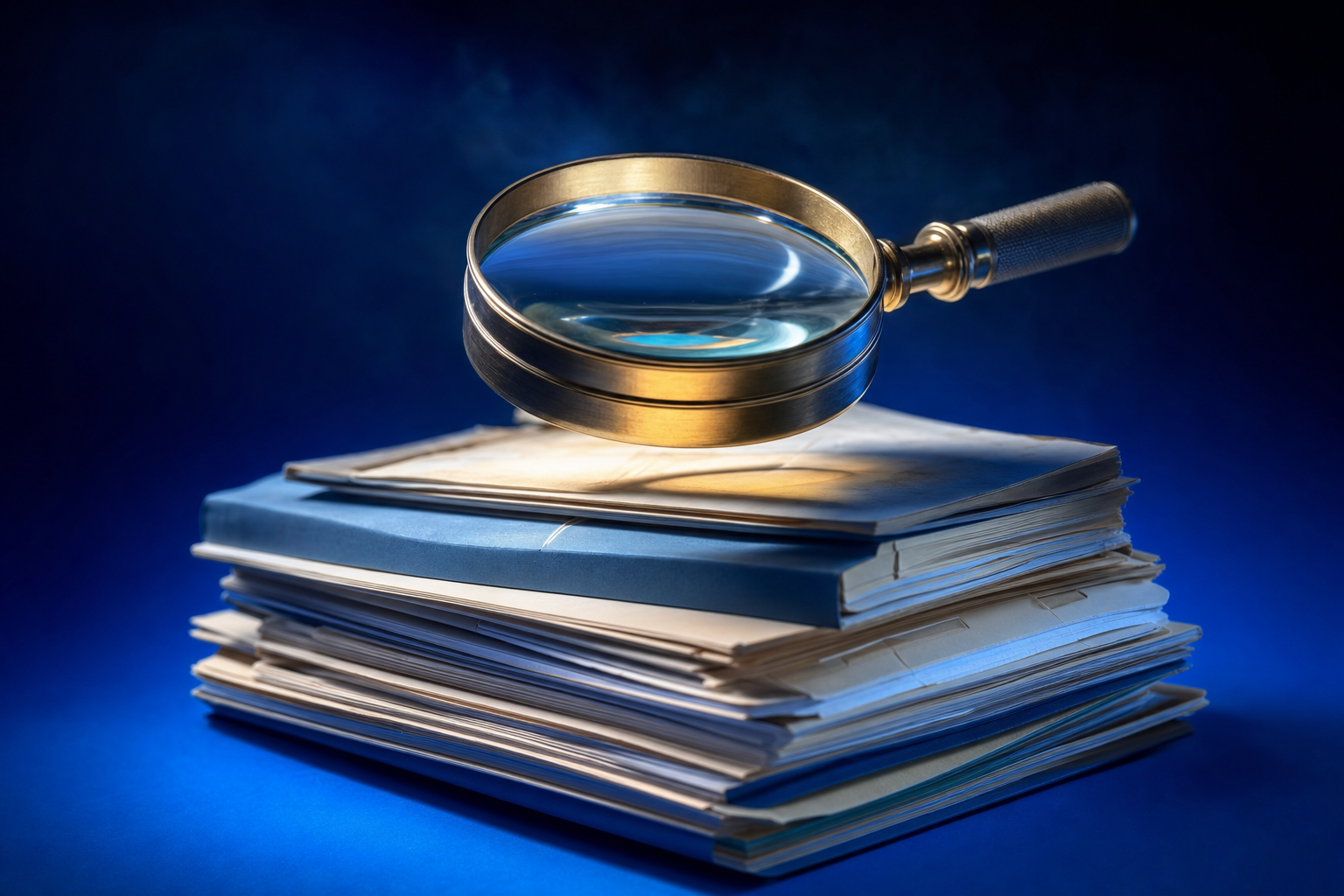 Magnifying glass over a stack of ledgers, showing commercial diligence before a medtech acquisition.