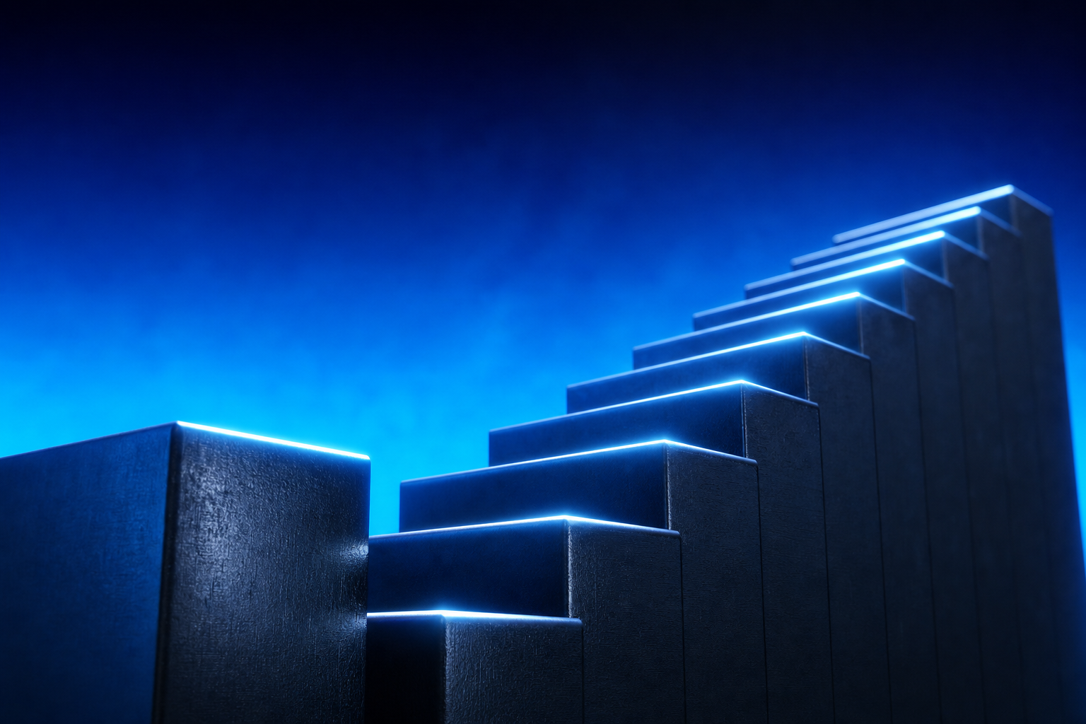 Ten equal ascending steel steps symbolizing consistent quarterly revenue acquirers look for.