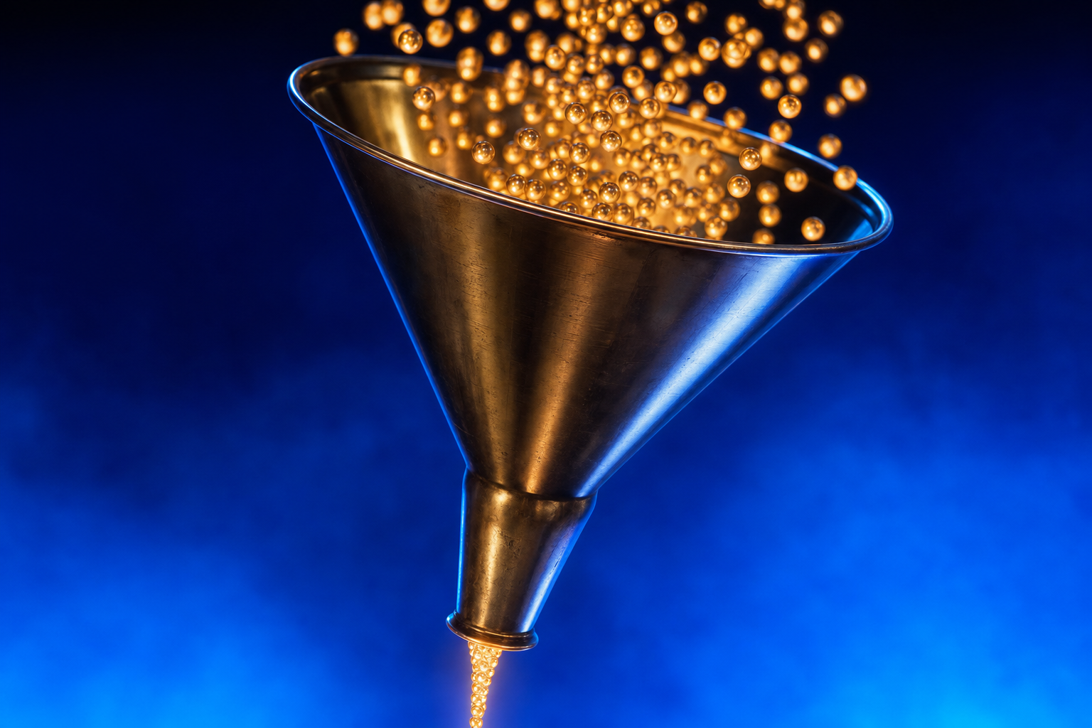 Glowing spheres flowing through a brass funnel, illustrating b2b demand generation strategies.