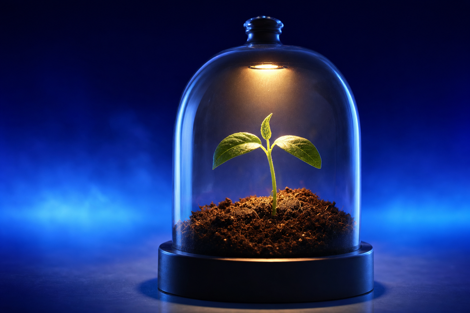 A seedling growing inside a glass dome, showing the slow build of category education.