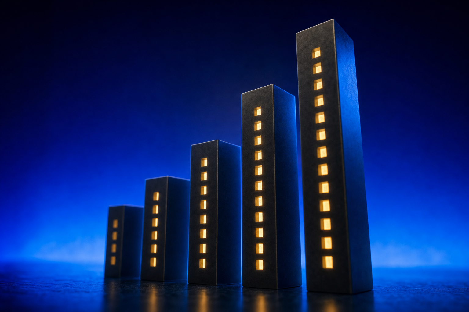 Ascending glowing towers representing hospital-level pipeline deals built through digital channels.
