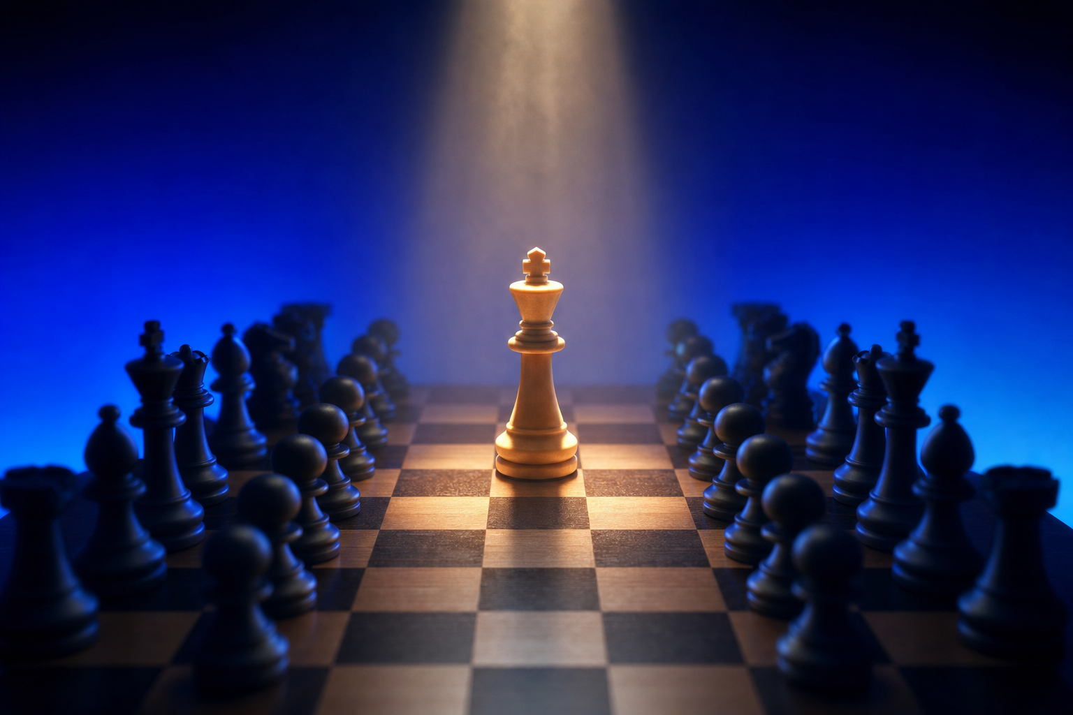 One illuminated chess piece among shadowed rows, showing social media marketing in healthcare industry authority.