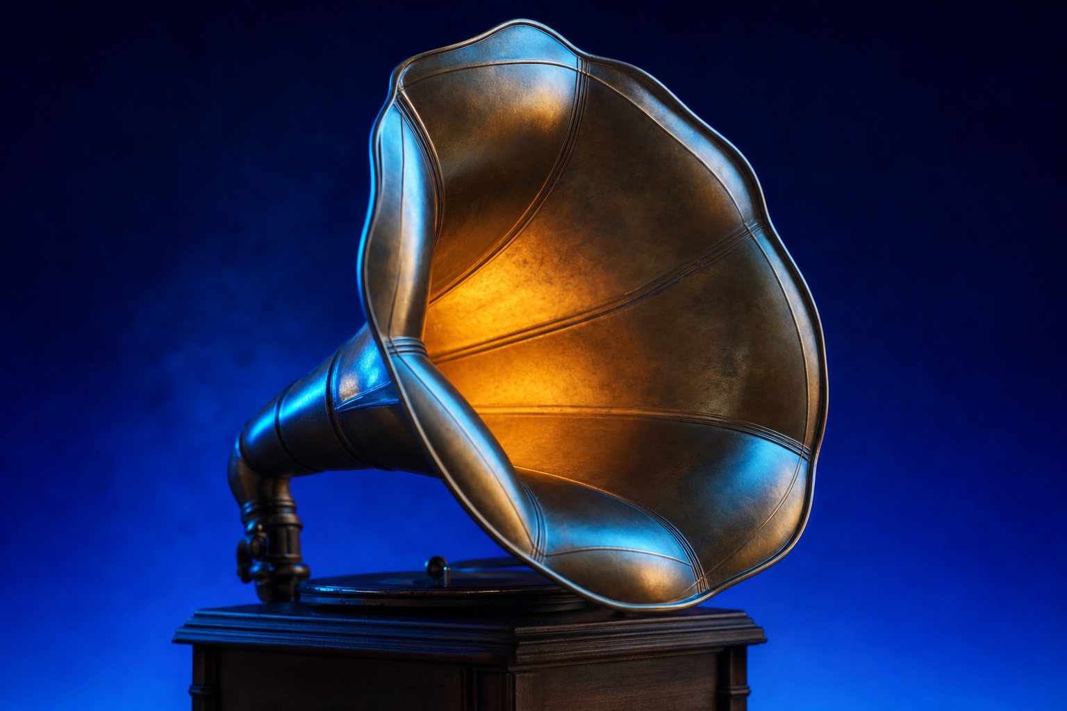 A glowing brass gramophone horn, representing consistent content compounding into organic authority.