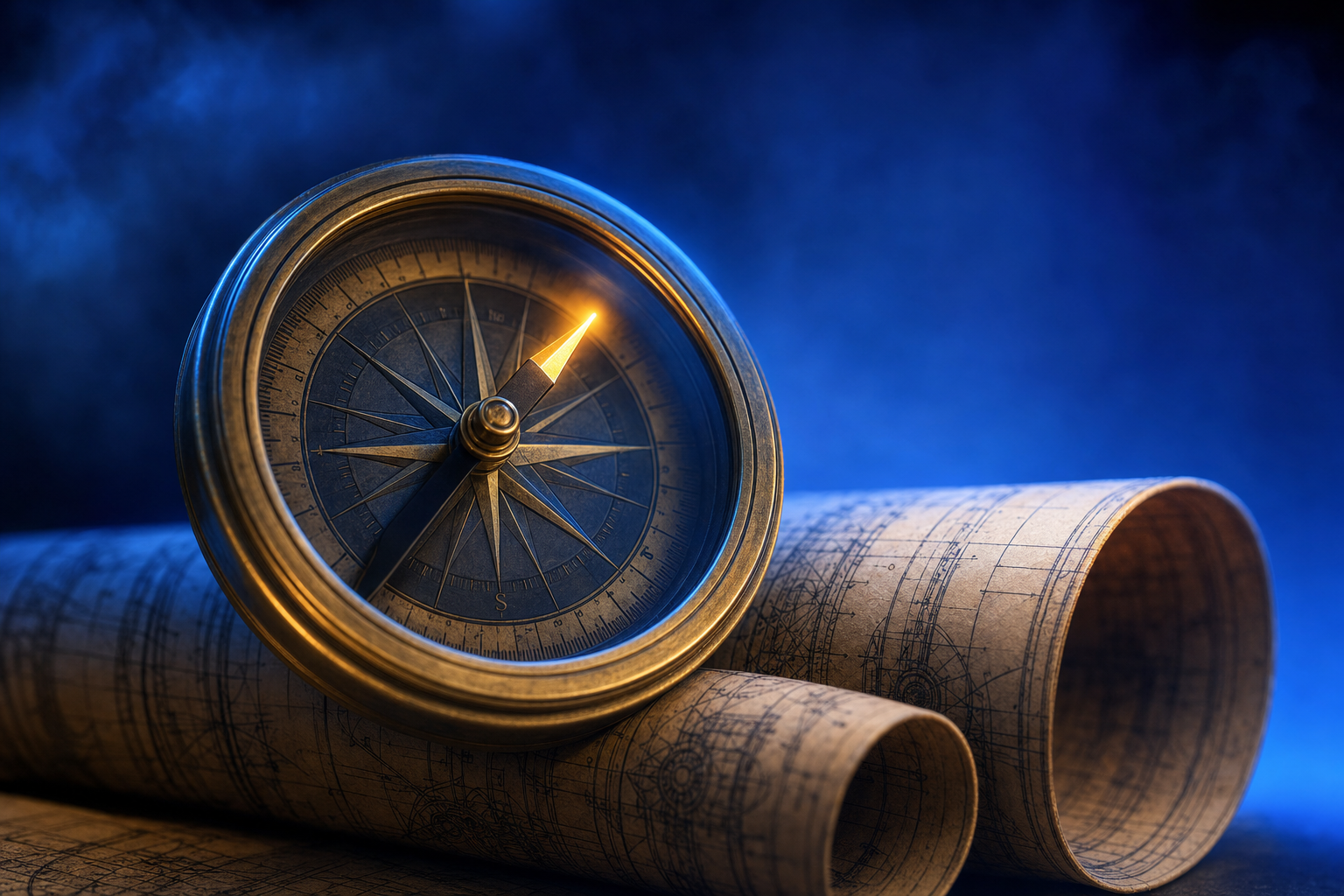 A compass pointing in one direction atop a blueprint, representing a minimum viable category.