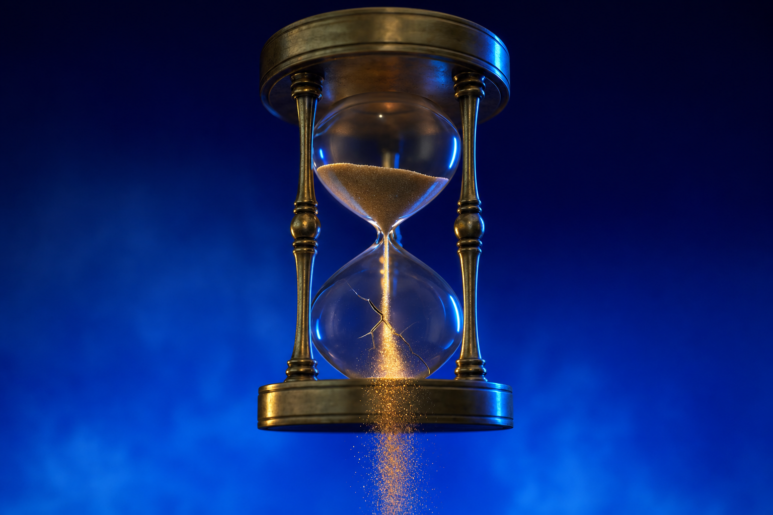 Sand leaking from a cracked hourglass, showing budget wasted on templates without a category.