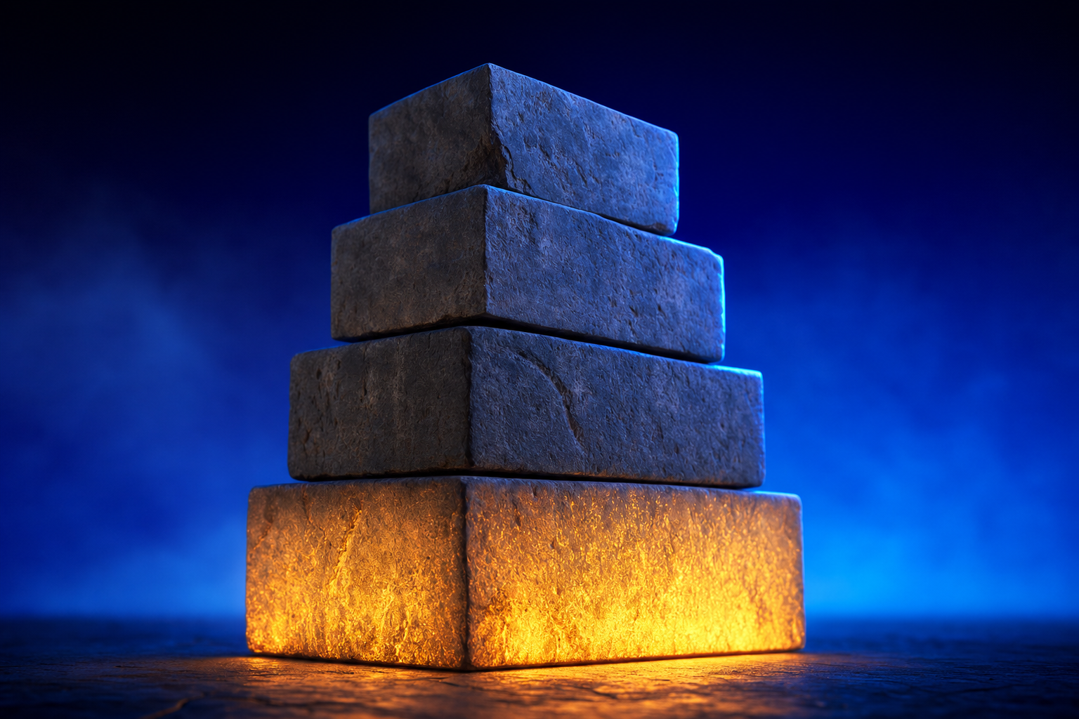 Four stacked stone pillars with a glowing base, showing category built before go-to-market.