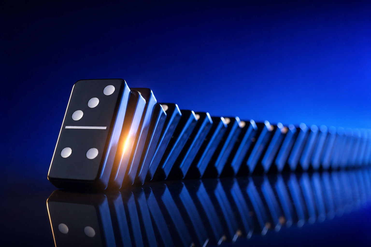 Dominoes cascading in order, representing a b2b go-to-market strategy sequenced correctly