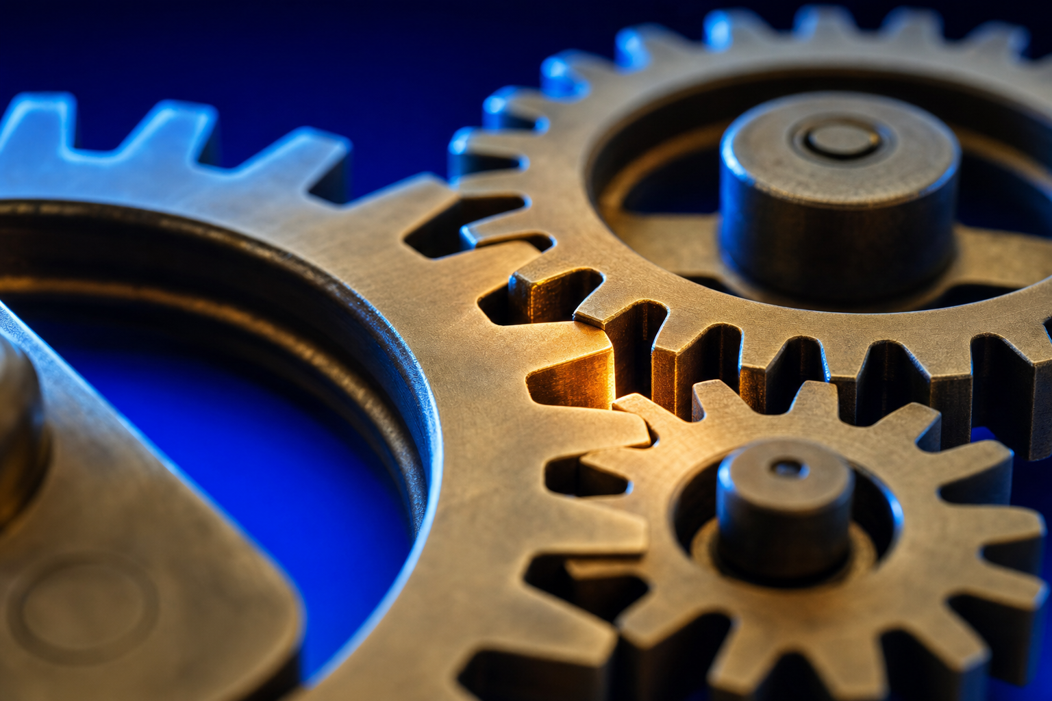 Three gears meshing in sync, showing markets, trials, and manufacturing sequenced together