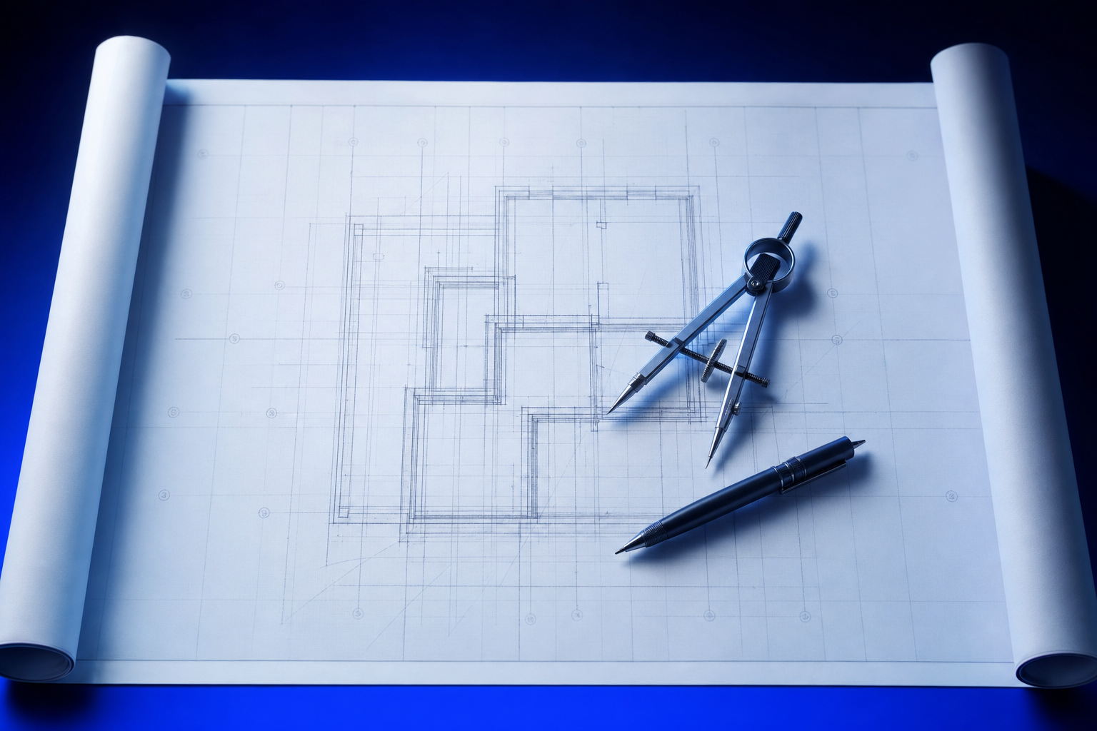 A blueprint with drafting tools mid-sketch, showing category design before any hire