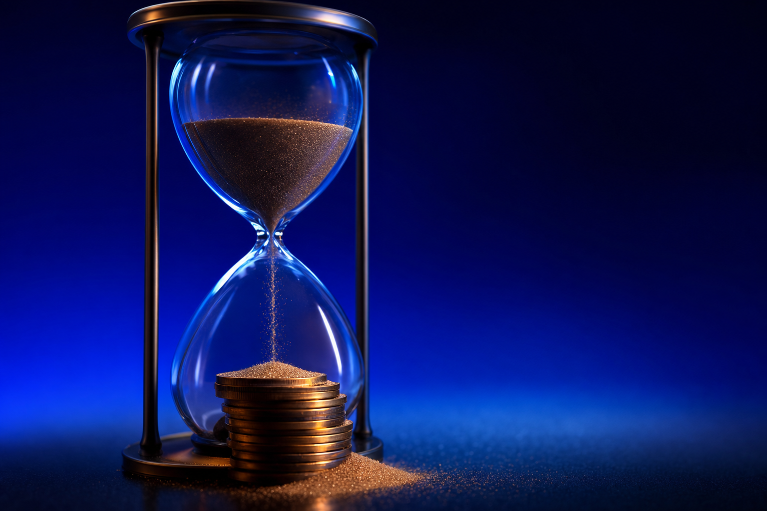 An hourglass with coins catching the falling sand, showing pricing sequenced to a payback window