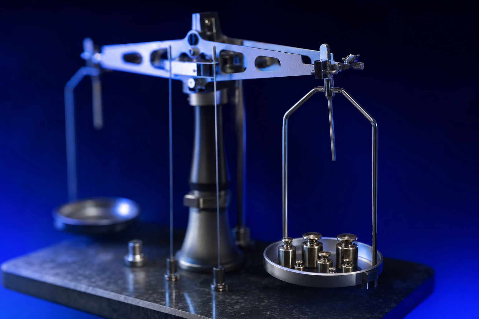 A balance scale being calibrated with small weights, showing pricing engineered before revenue starts