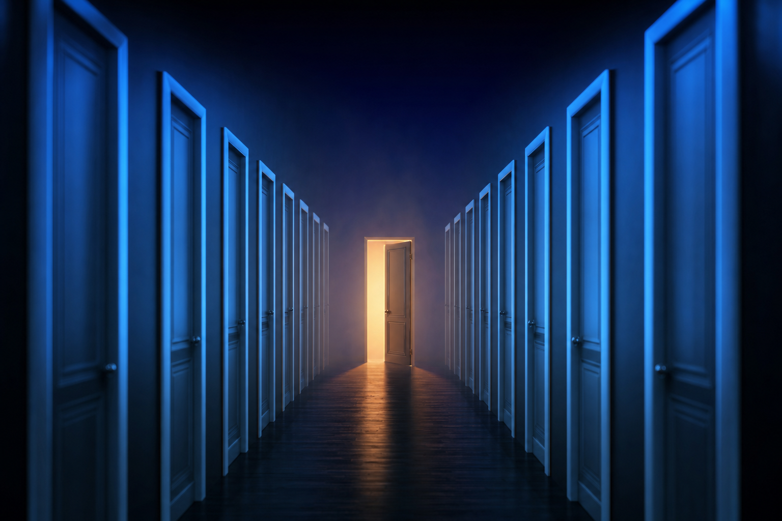 A hallway of closed doors except one open at the end, showing limited buyer options in biotech deals