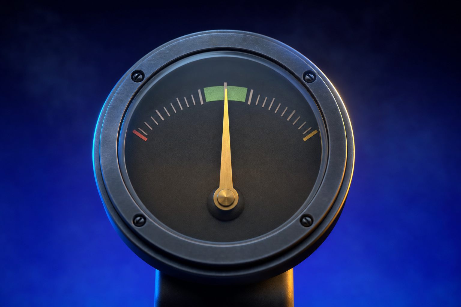 A gauge needle settling into the ready zone, representing a calibrated medical device pricing strategy