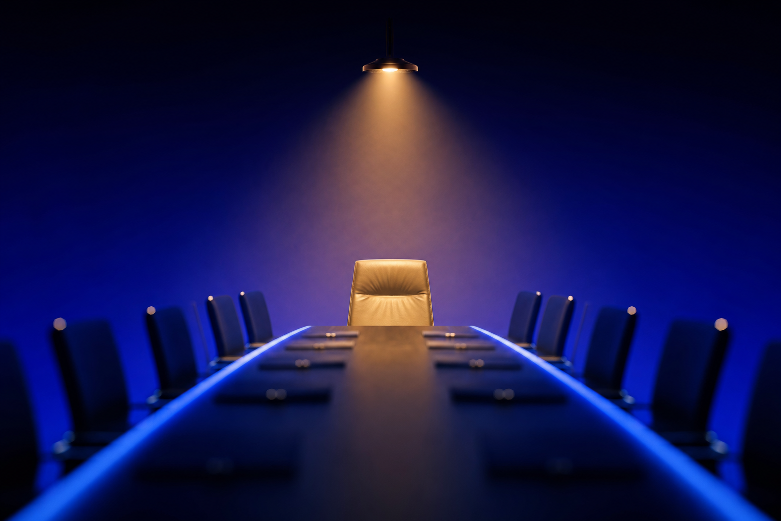 A spotlight on one empty chair at a long table, representing biotech startup funding with a single buyer