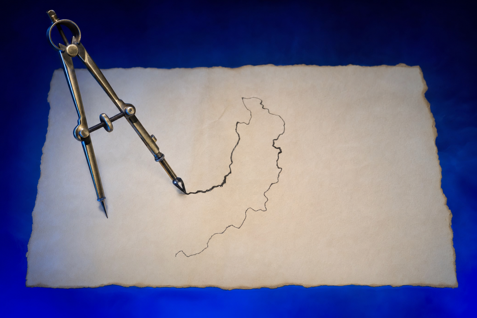 A compass drawing the first borders on a blank map, showing category definition before a product launch