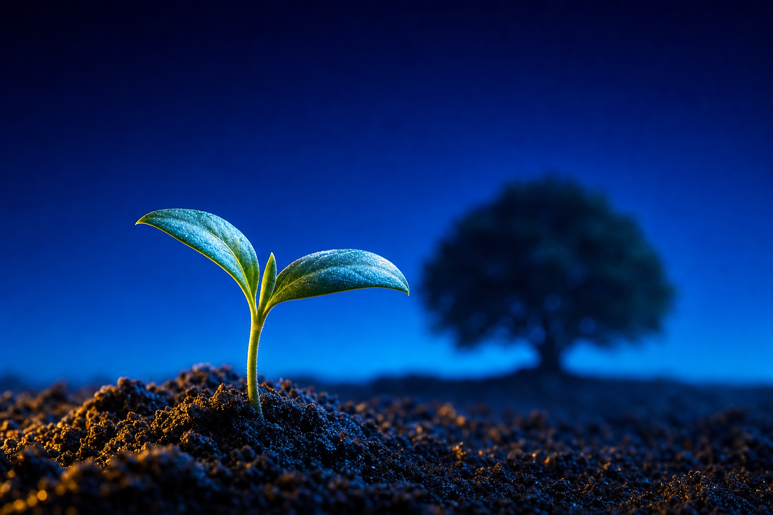 A seedling freshly planted with a mature tree in the distance, showing why marketing hires need a year of lead time