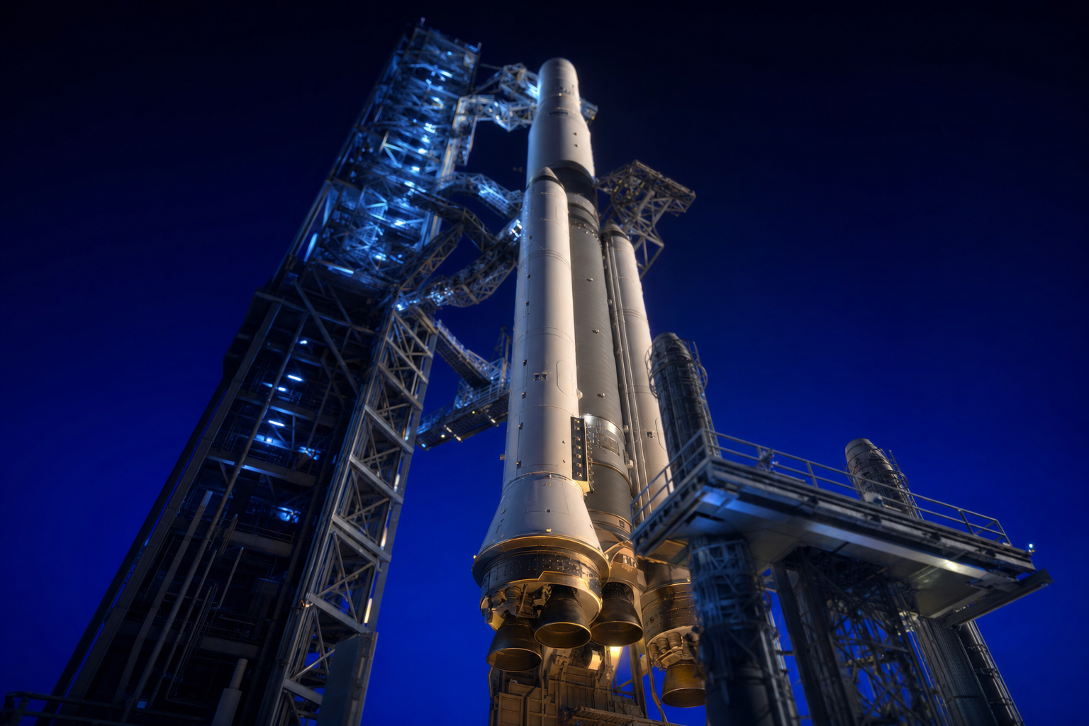 A rocket still on its launch gantry before ignition, representing a medtech product launch strategy built before clearance