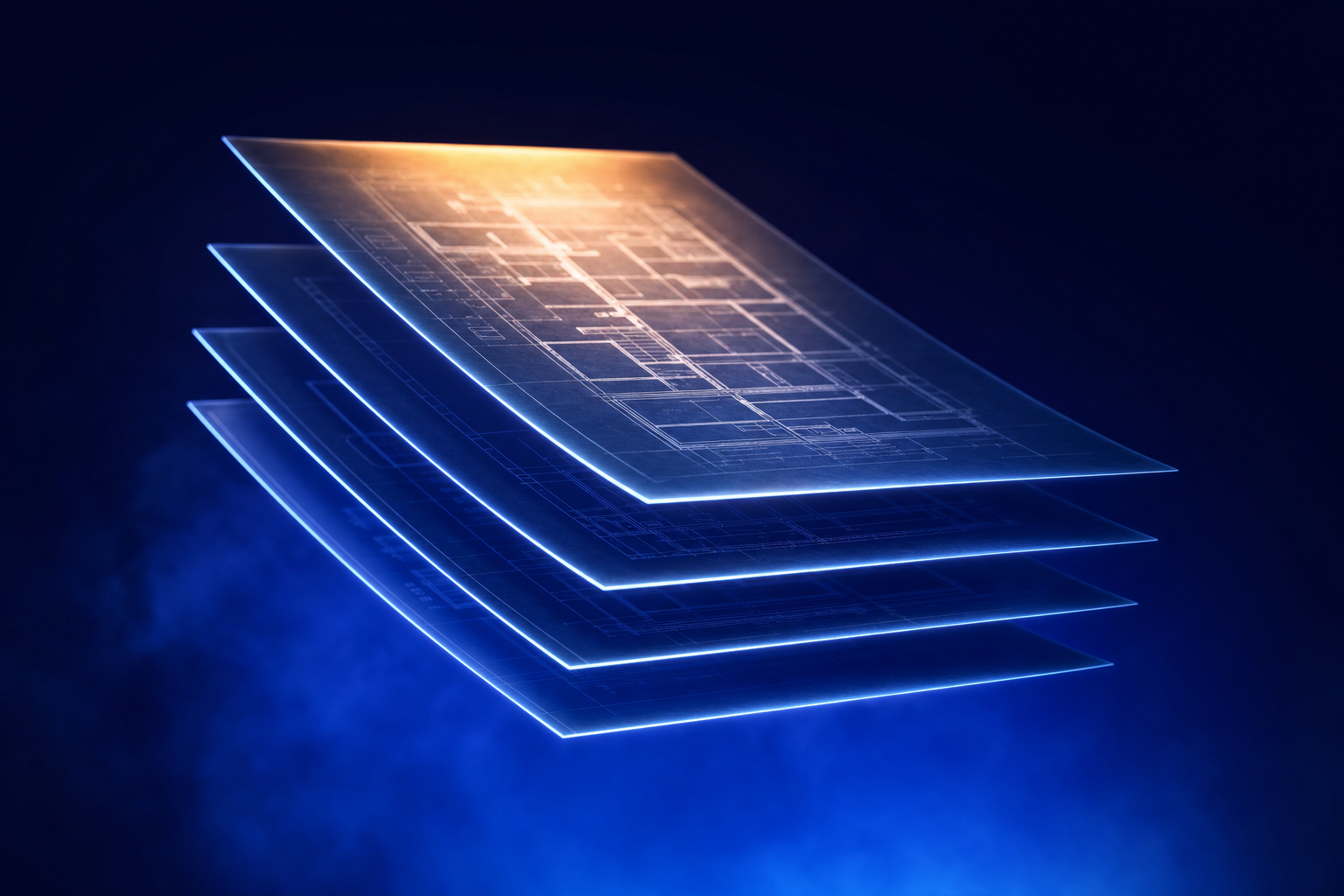 Stacked ascending blueprints representing a sequenced category creation strategy in motion